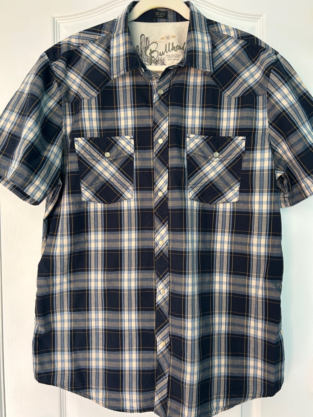 Bullhead Western Shirt Men's XL Short-Sleeve Navy Plaid Pearl Snap Western Shirt